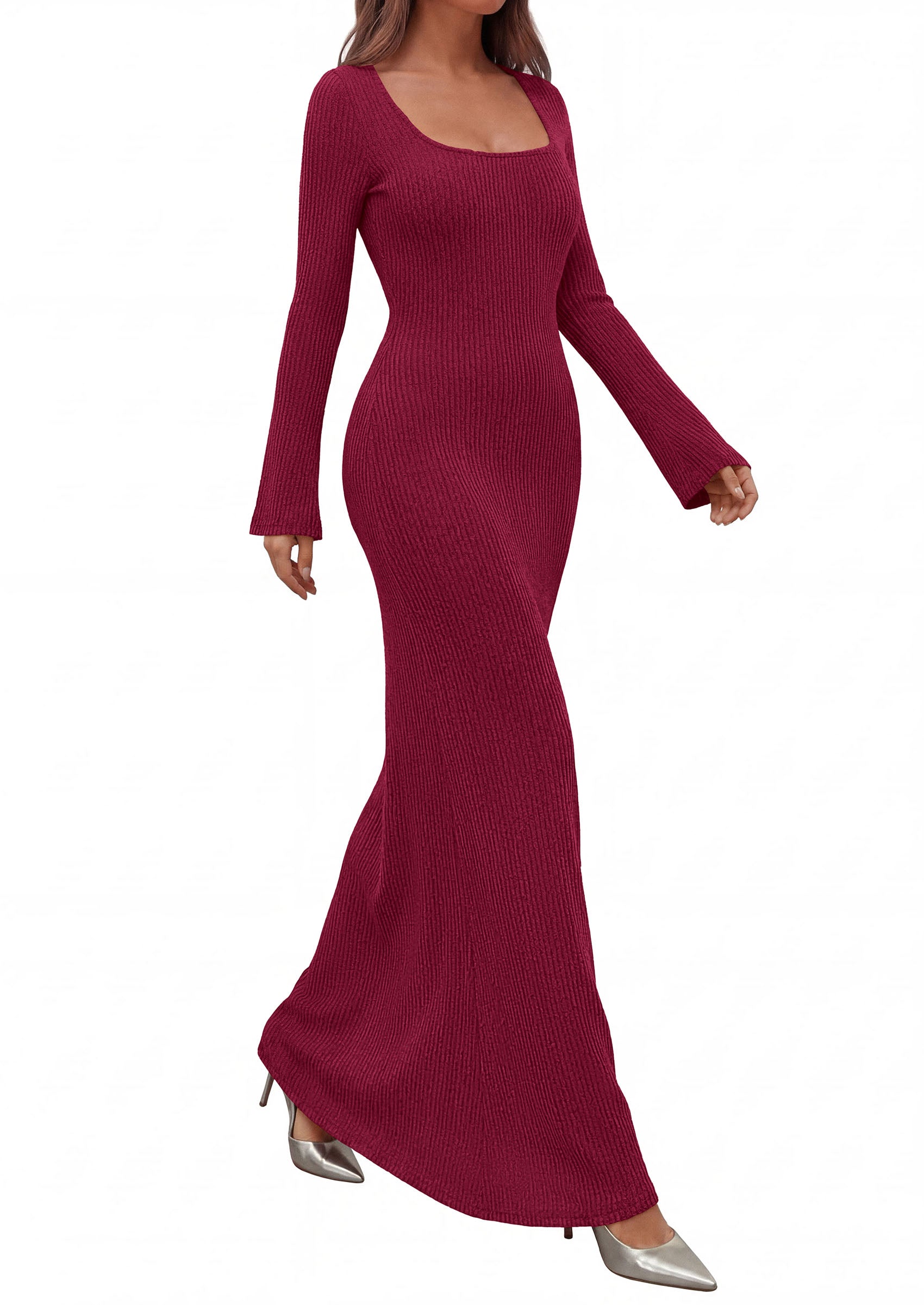 PRETTYGARDEN Women's Fall Long Sleeve Maxi Bodycon Dresses | Soft Stretchy Ribbed Knit, Bell Sleeve Square Neck Mermaid, Elegant Long Dress, Wedding Guest Party, 2026 Winter Clothing