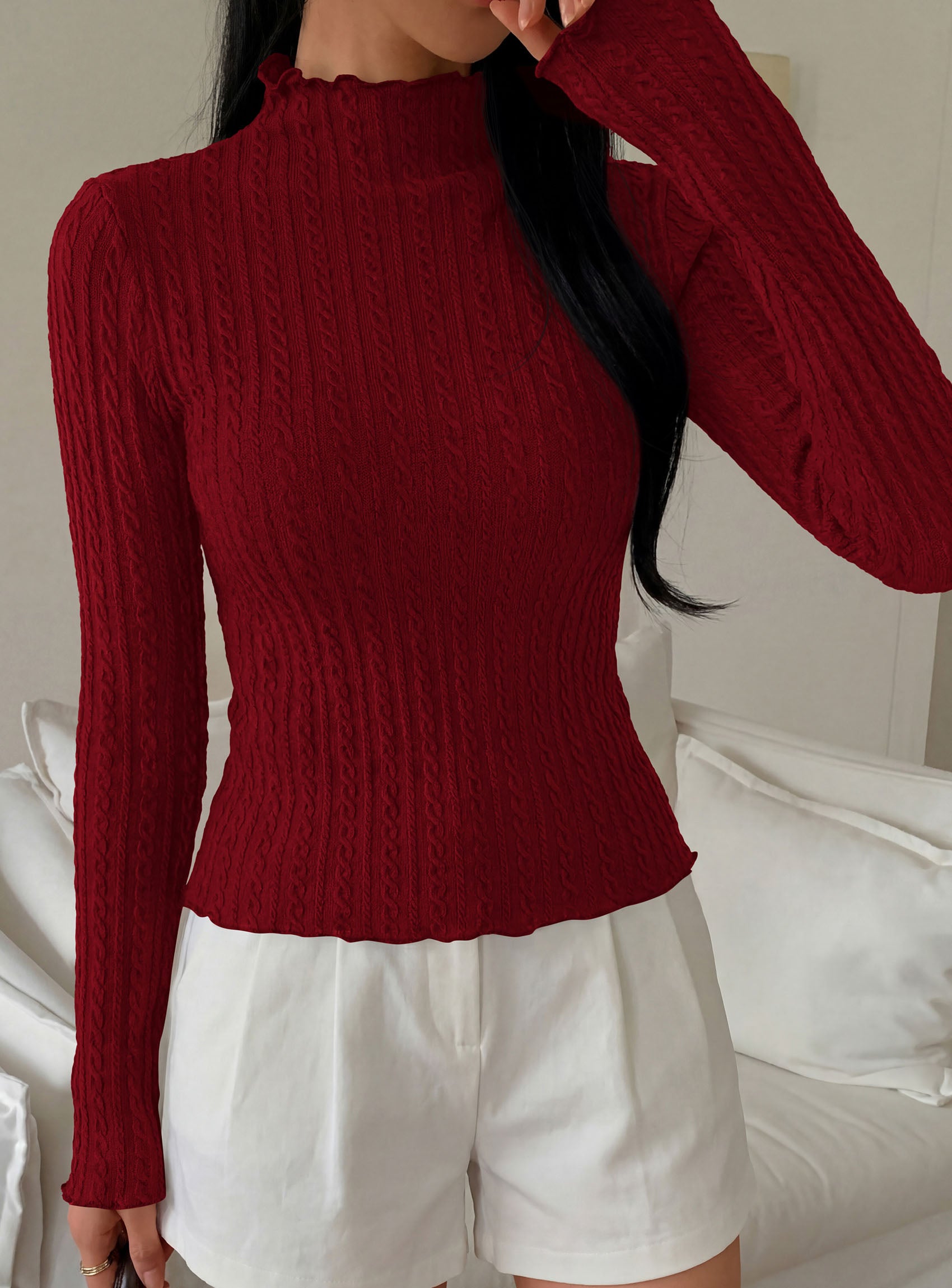 PRETTYGARDEN Women's Fall Long Sleeve Fitted Shirts | Comfy Stretchy Cable Knit, Trendy Lettuce Trim Mock Neck, Casual Basic Tees, Cute Layering Tops, 2026 Fashion Clothing