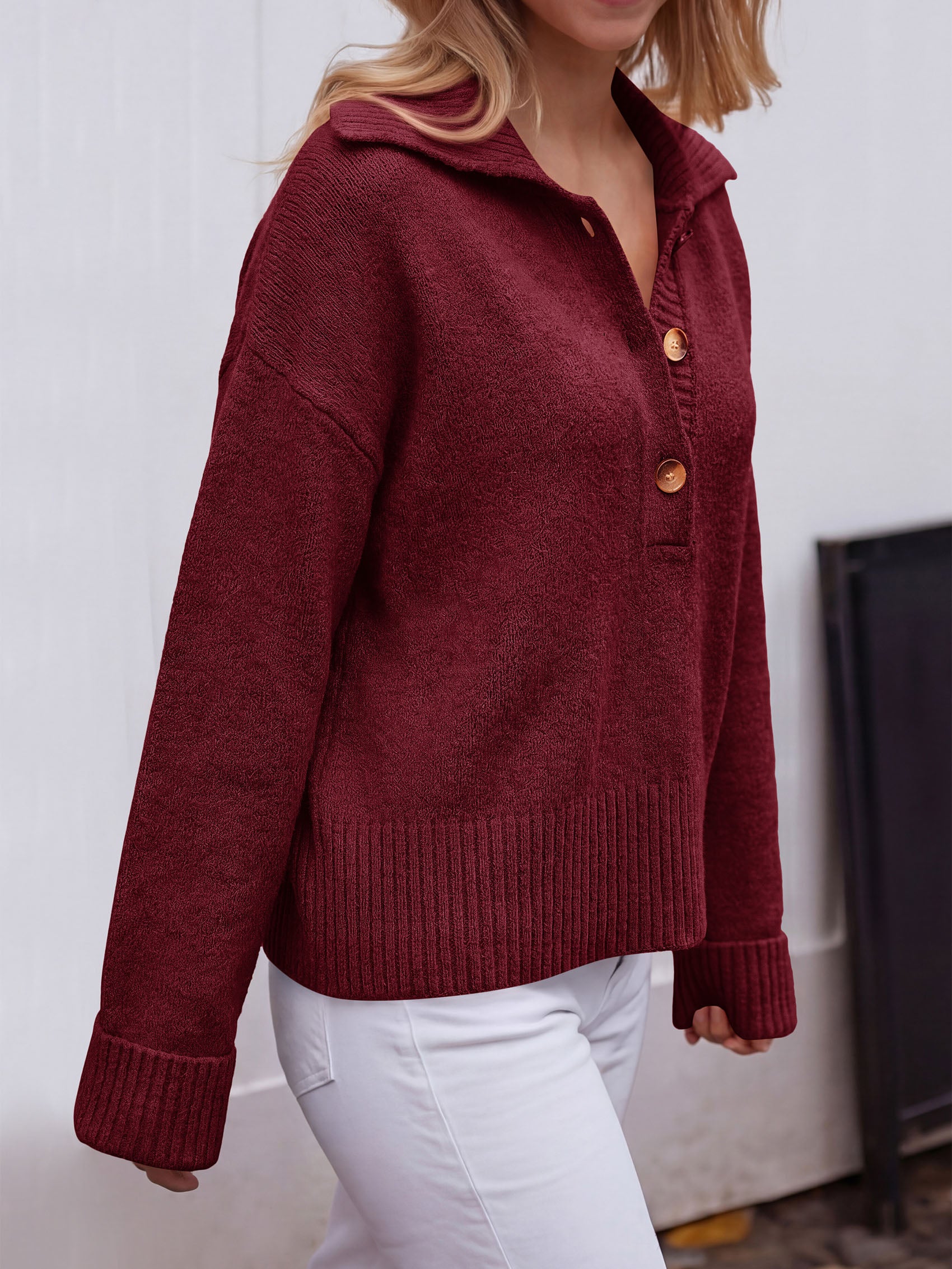 PRETTYGARDEN Womens Fall Long Sleeve Sweaters Button up V Neck Polo Shirts | Quarter Button Collared Tops, Ribbed Knit Comfy Shirts, Relaxed Fit Sweater Tops, Casual Fall Outfits for Women 2026