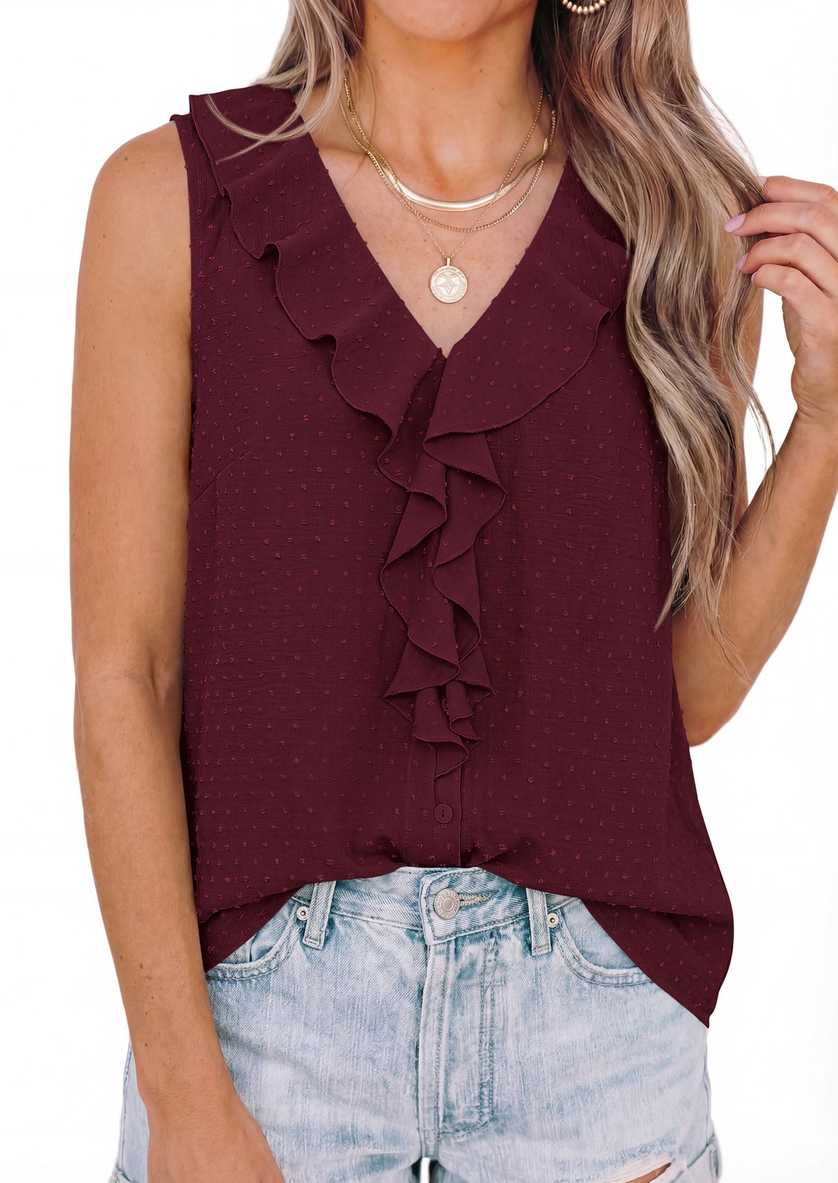 PRETTYGARDEN Womens Tank Tops 2026 Summer Dressy Casual Blouses Sleeveless Ruffle V Neck Swiss Dot Button Down Work Shirts PRETTYGARDEN