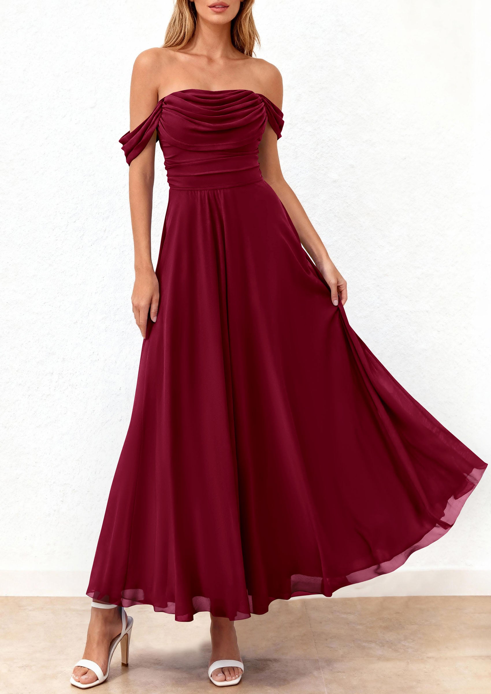 PRETTYGARDEN Womens Off Shoulder Maxi Summer Dresses 2026 Elegant Mesh Aline Swing Ruched Flowy Cocktail Wedding Guest Dress PRETTYGARDEN