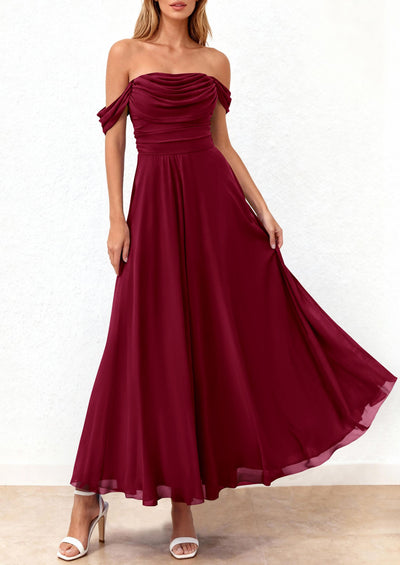 PRETTYGARDEN Womens Off Shoulder Maxi Summer Dresses 2026 Elegant Mesh Aline Swing Ruched Flowy Cocktail Wedding Guest Dress PRETTYGARDEN