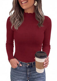 PRETTYGARDEN Women's Fall Long Sleeve Shirts Basic Tees | Soft Stretchy Ribbed Fabric, Lettuce Trim Mock Neck, Slim Fitted Cute Tops, Layering Fashion Clothing, Trendy Casual Outfits