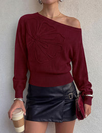 PRETTYGARDEN Women's Fall Off The Shoulder Sweater Tops   | 3D Flower Off Shoulder Sweater, Cinched Waist, Long Sleeve Cropped Sweaters, Knit Pullover Tops, Trendy Date Night Outfit