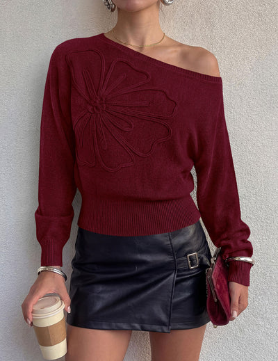 PRETTYGARDEN Women's Fall Off The Shoulder Sweater Tops   | 3D Flower Off Shoulder Sweater, Cinched Waist, Long Sleeve Cropped Sweaters, Knit Pullover Tops, Trendy Date Night Outfit