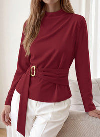 PRETTYGARDEN Women Blouses Fall Dressy Mock Neck Long Sleeve Work Shirts Buckle Belted Tunic Business Casual Tops
