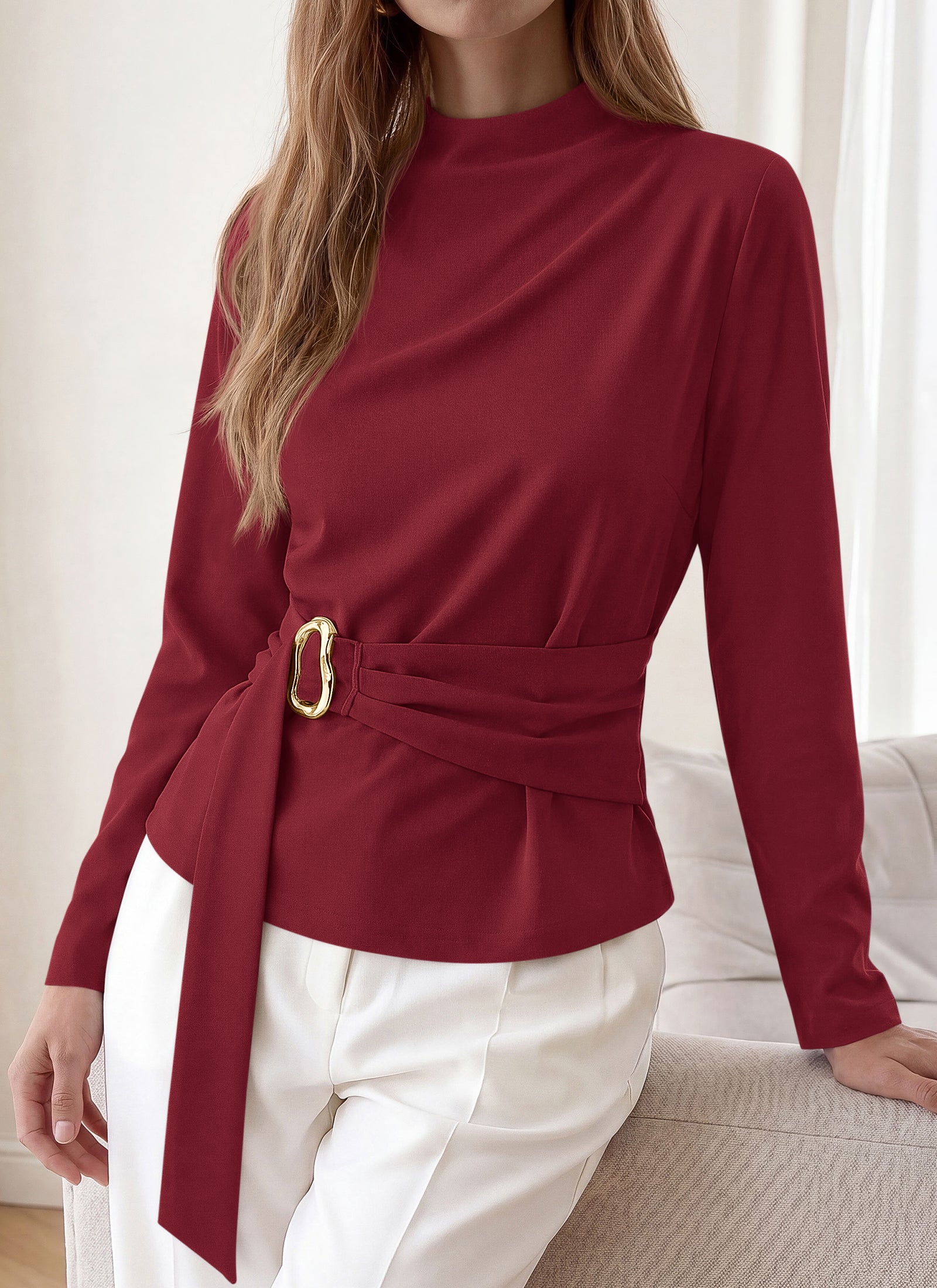 PRETTYGARDEN Women Blouses Fall Dressy Mock Neck Long Sleeve Work Shirts Buckle Belted Tunic Business Casual Tops