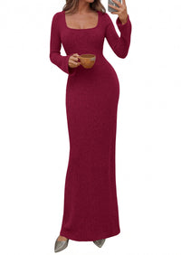 PRETTYGARDEN Women's Fall Long Sleeve Maxi Bodycon Dresses | Soft Stretchy Ribbed Knit, Bell Sleeve Square Neck Mermaid, Elegant Long Dress, Wedding Guest Party, 2026 Winter Clothing