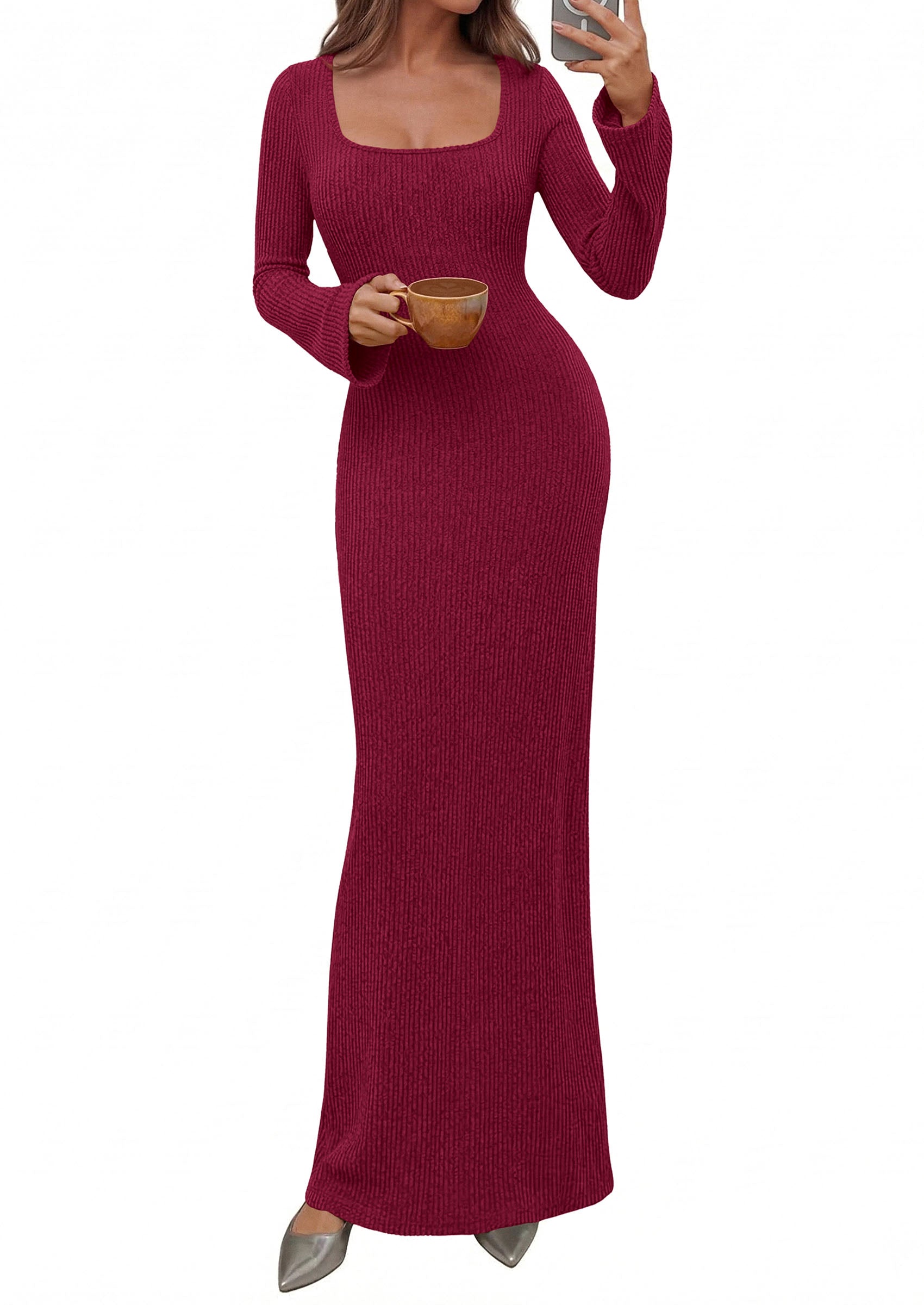 PRETTYGARDEN Women's Fall Long Sleeve Maxi Bodycon Dresses | Soft Stretchy Ribbed Knit, Bell Sleeve Square Neck Mermaid, Elegant Long Dress, Wedding Guest Party, 2026 Winter Clothing