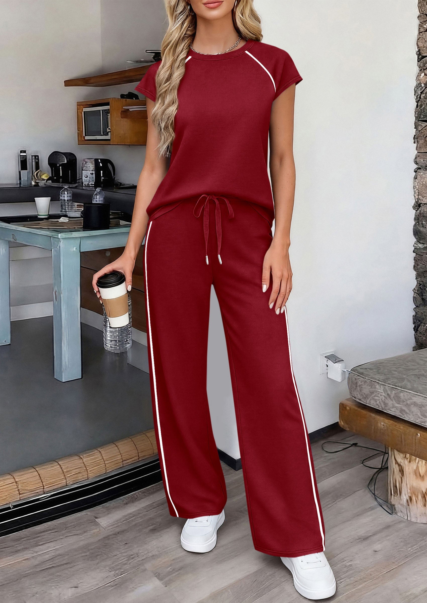 PRETTYGARDEN Women's 2 Piece Lounge Sets 2026 Summer Cap Sleeve Tops Wide Leg Pants Travel Outfits Matching Fashion Clothing PRETTYGARDEN