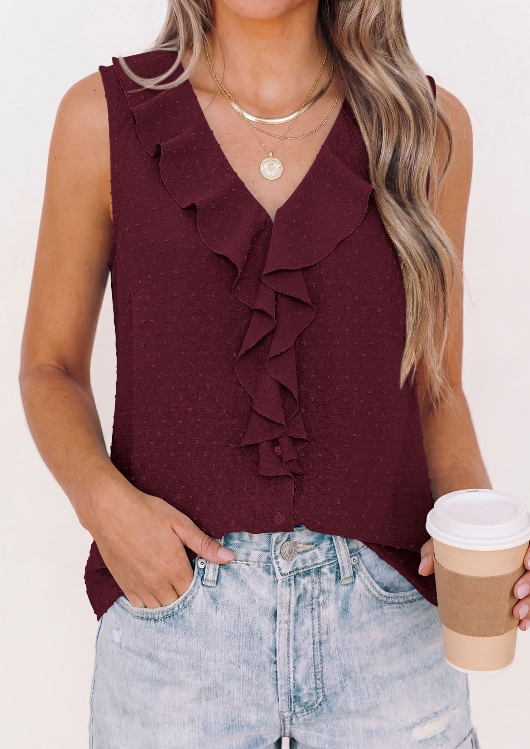 PRETTYGARDEN Womens Tank Tops 2026 Summer Dressy Casual Blouses Sleeveless Ruffle V Neck Swiss Dot Button Down Work Shirts PRETTYGARDEN