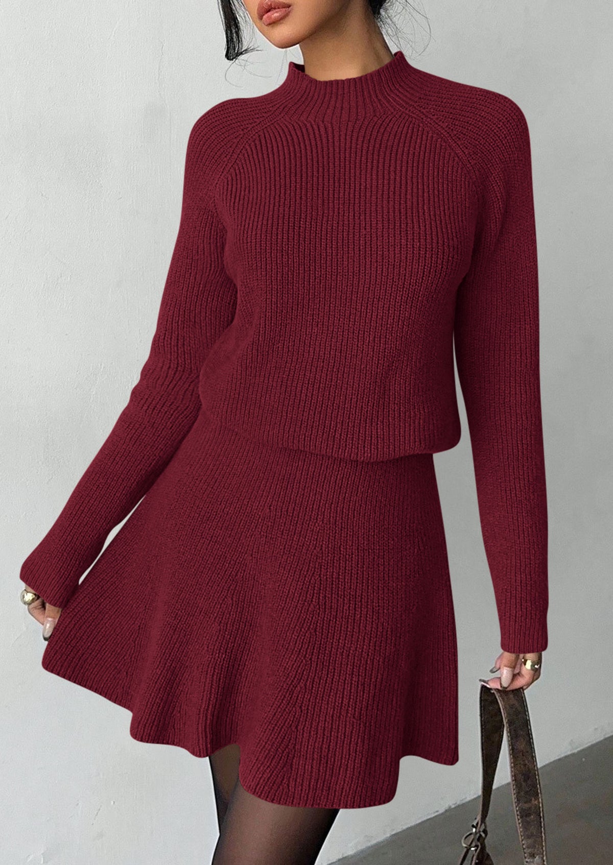PRETTYGARDEN Women's Fall 2 Piece Outfits Matching Sweater Skirt Sets  Cozy Ribbed Knit, Raglan Long Sleeve, Crewneck Pullover, Elastic Waist A Line, Mini Short Skirts, Holiday Winter Clothing