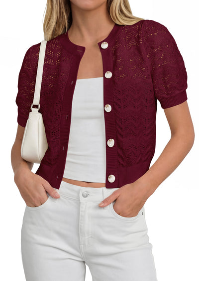 PRETTYGARDEN Summer Crochet Cardigan Sweaters for Women Cropped Button Short Sleeve Sweater Lightweight Knit Spring Tops PRETTYGARDEN