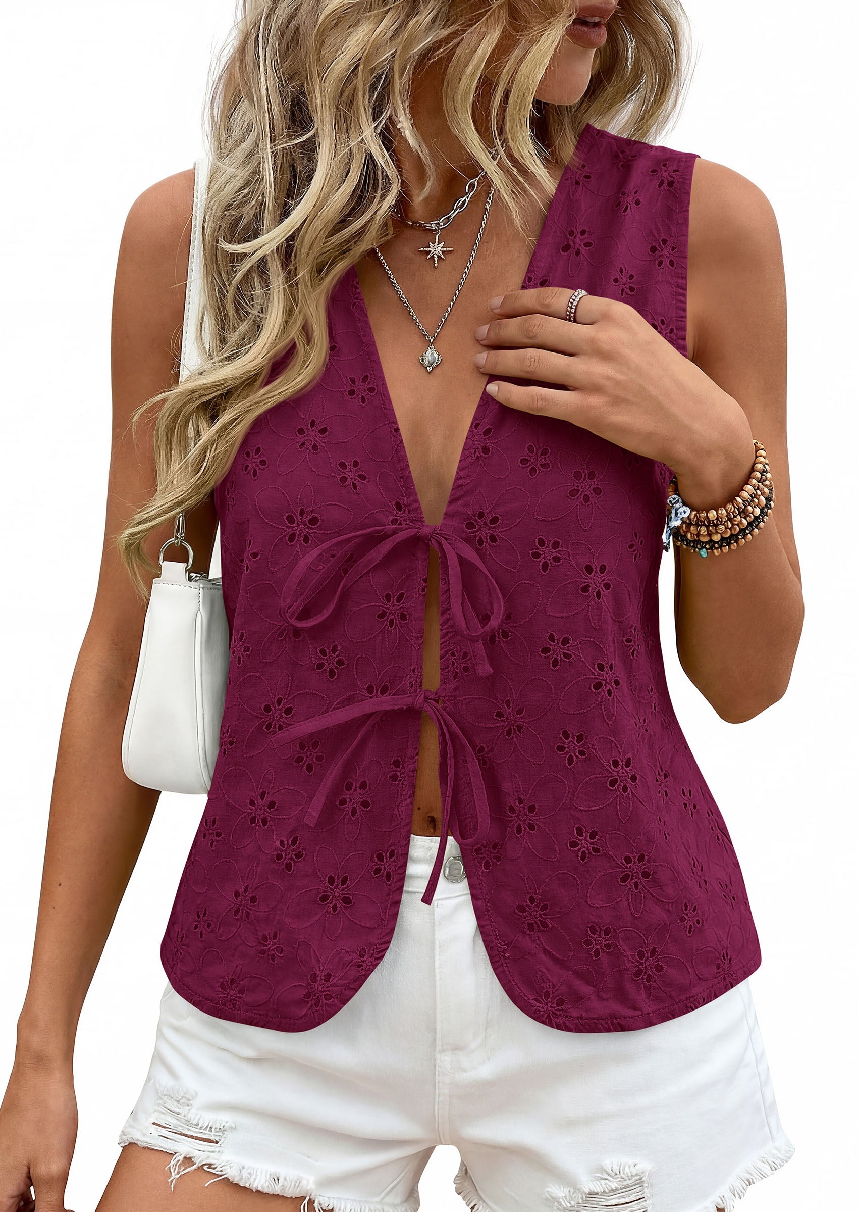 PRETTYGARDEN Women 2026 Summer Tie Front Eyelet Tank Tops Trendy Floral Vest Sleeveless V Neck Dressy Blouse Vacation Outfits PRETTYGARDEN