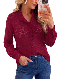 PRETTYGARDEN Women Lace Tops Button Down Long Sleeve Shirts  | Sheer Lace Button Shirts, Elegant Ruffle Collar Blouses, Eyelet Tops Dressy Casual, Date Night Outfit, Fall Fashion Clothing