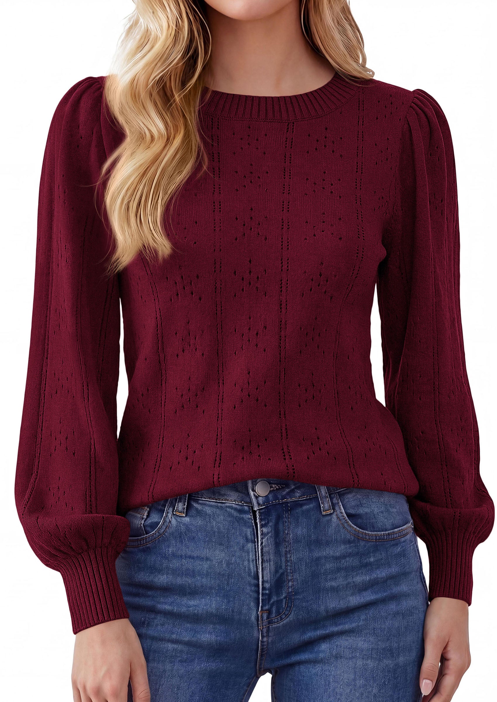 PRETTYGARDEN Women Fall Fashion Hollow Out Holiday Sweaters | Stretchy Cozy Knit, Puff Long Sleeve Pullover Tops, Crewneck Loose Fit, Dressy Casual Blouse, Trendy Winter Going Out Outfits