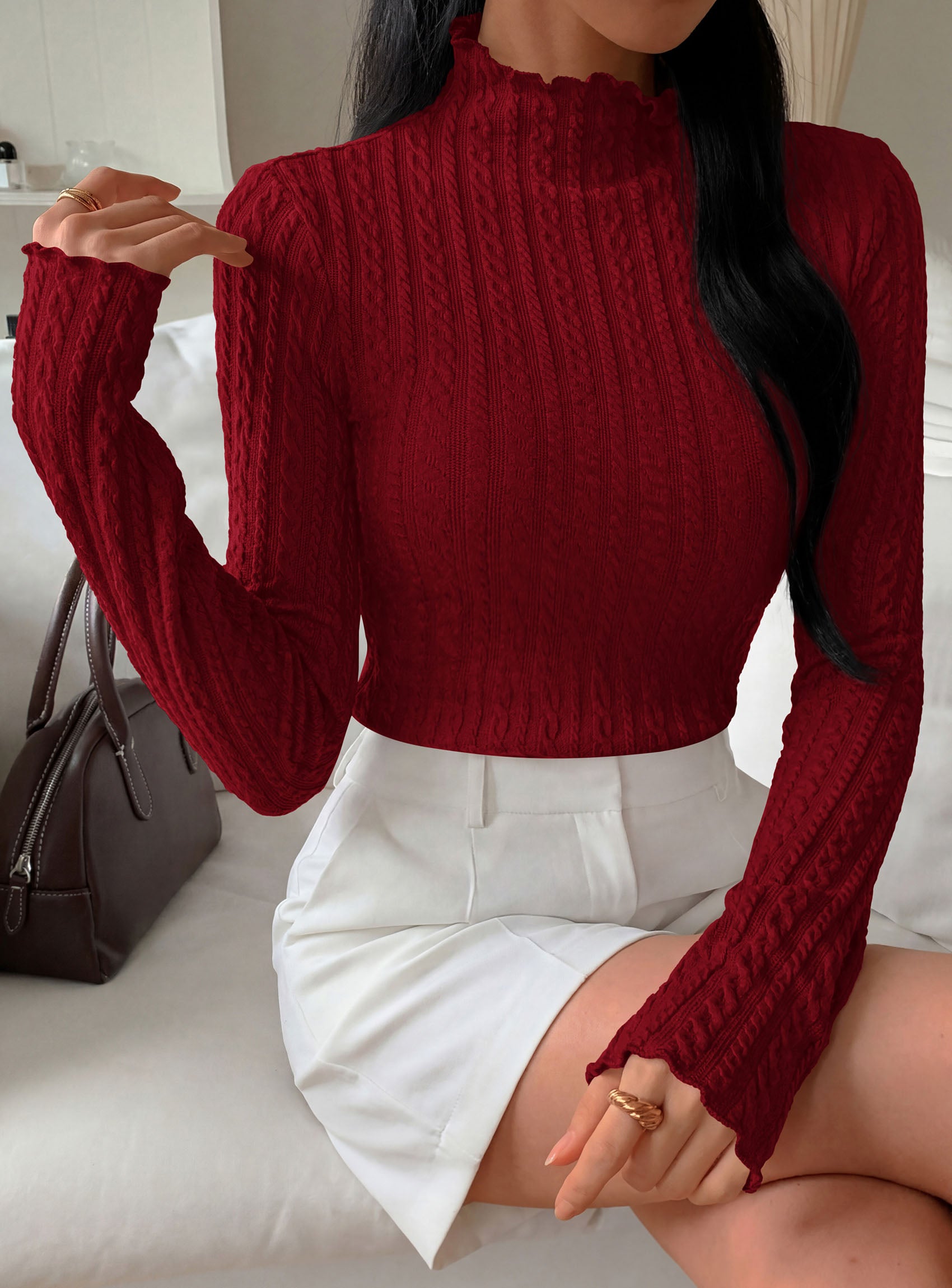 PRETTYGARDEN Women's Fall Long Sleeve Fitted Shirts | Comfy Stretchy Cable Knit, Trendy Lettuce Trim Mock Neck, Casual Basic Tees, Cute Layering Tops, 2026 Fashion Clothing