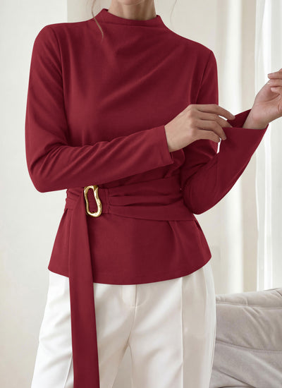 PRETTYGARDEN Women Blouses Fall Dressy Mock Neck Long Sleeve Work Shirts Buckle Belted Tunic Business Casual Tops