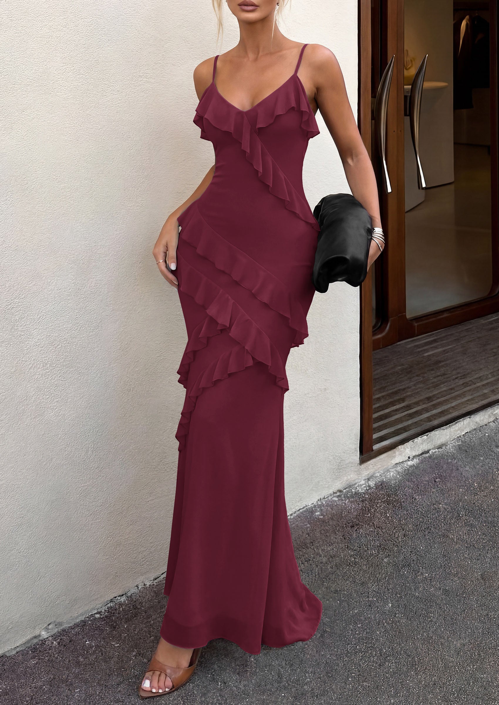 PRETTYGARDEN Women 2026 Wedding Guest Cocktail Maxi Dress Spaghetti Strap Sleeveless V Neck Bodycon Mesh Party Summer Outfits