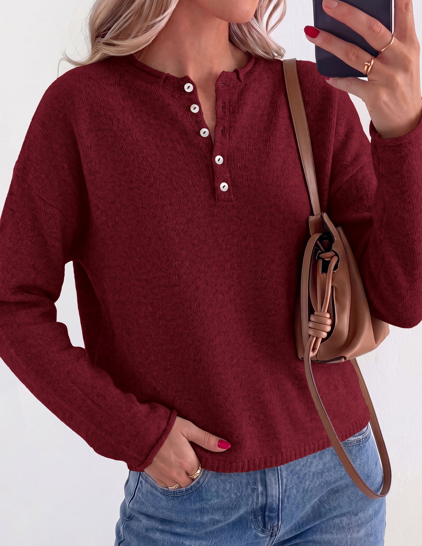 PRETTYGARDEN Women's Fall Button Up Cozy Pullover Sweaters | Stretchy Soft Knit, Drop Shoulder Long Sleeve Tops, Henley Crewneck Rolled Edge, Dressy Casual Blouses, Trendy Winter Clothes
