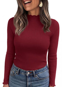 PRETTYGARDEN Women's Fall Long Sleeve Shirts Basic Tees | Soft Stretchy Ribbed Fabric, Lettuce Trim Mock Neck, Slim Fitted Cute Tops, Layering Fashion Clothing, Trendy Casual Outfits