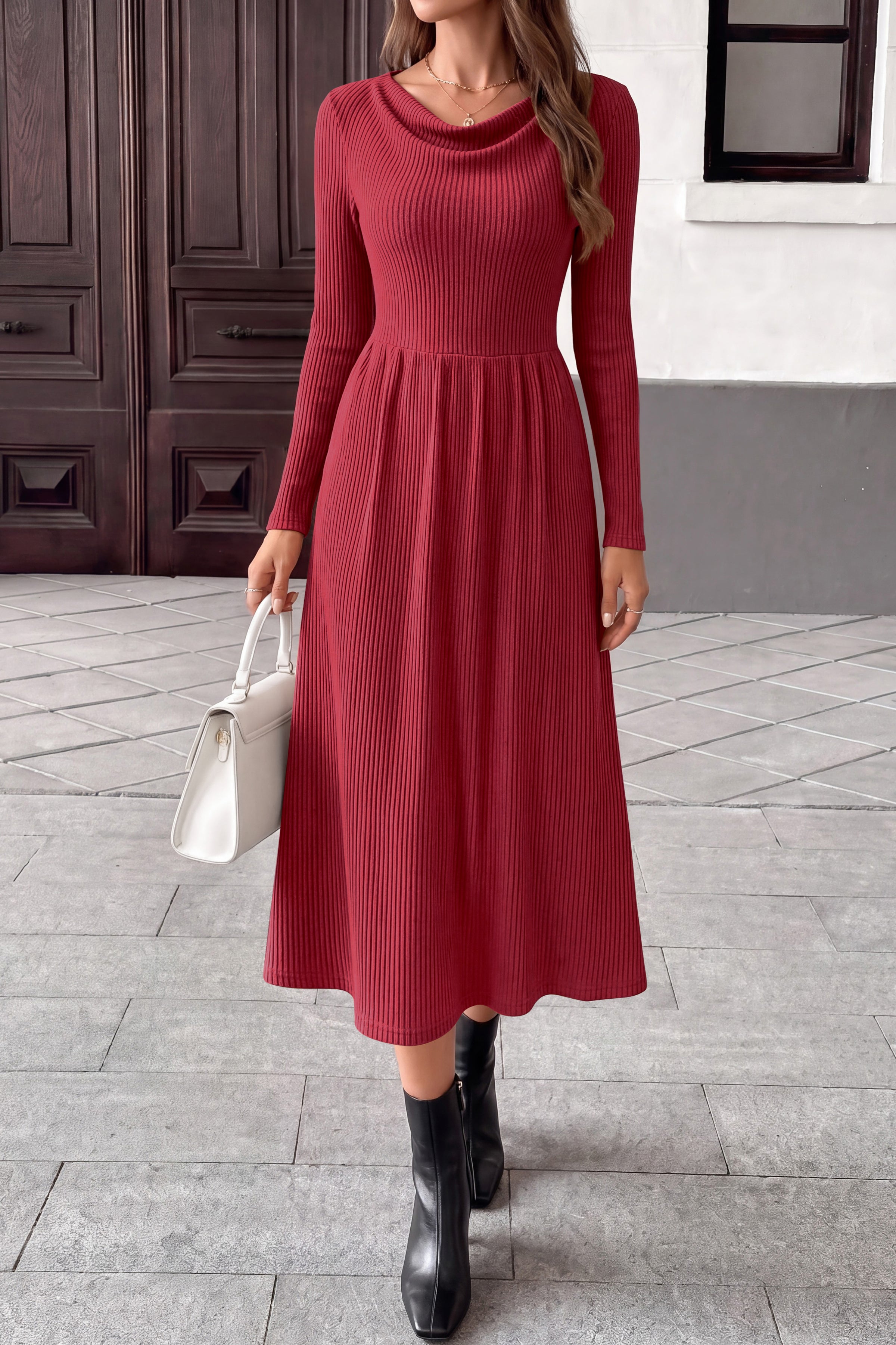 PRETTYGARDEN Women Casual Cowl Neck Long Sleeve Midi Dress