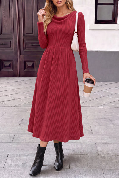 PRETTYGARDEN Women Casual Cowl Neck Long Sleeve Midi Dress