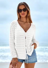 PRETTYGARDEN Crochet Cardigan Sweaters for Women Trendy Spring Summer Long Sleeve Tie Front Tops Boho Beach Vacation Clothes PRETTYGARDEN