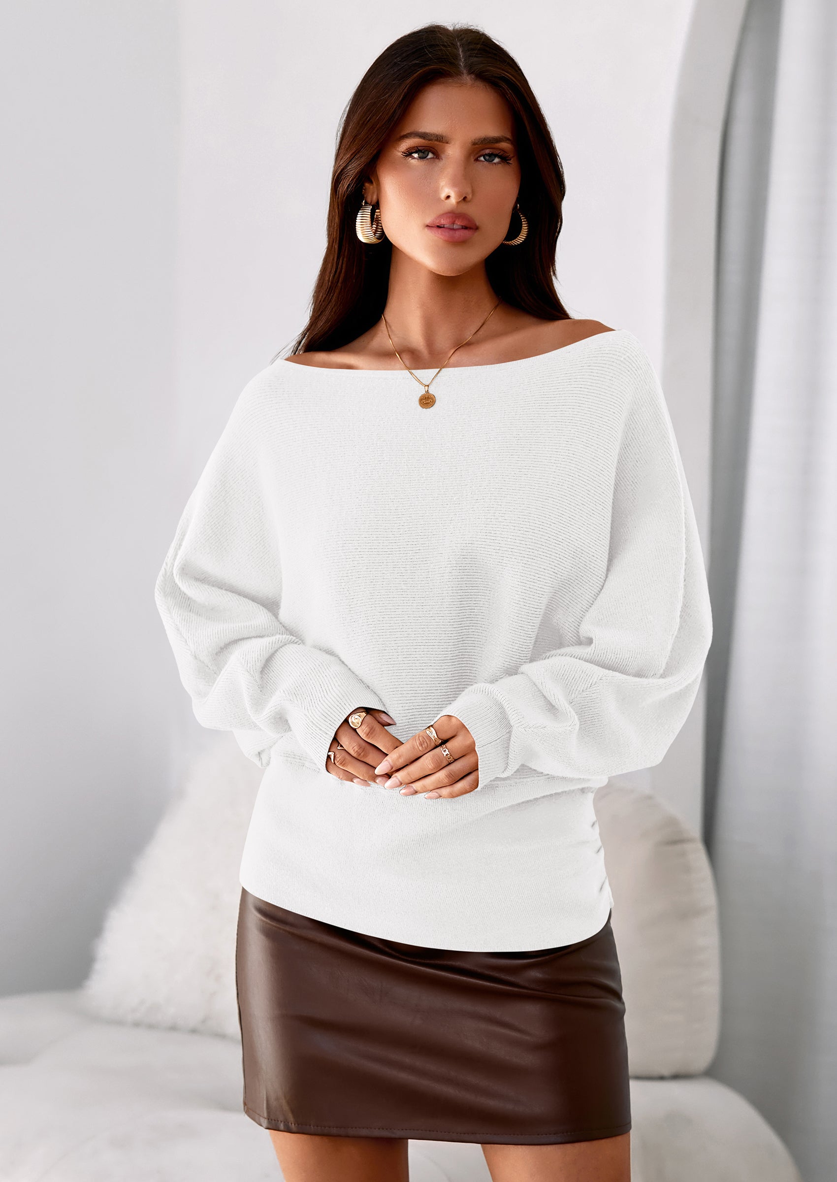 PRETTYGARDEN Women Off The Shoulder Sweater Fall Trendy Long Batwing Sleeve Knit Pullover Going Out Tops Winter Clothing