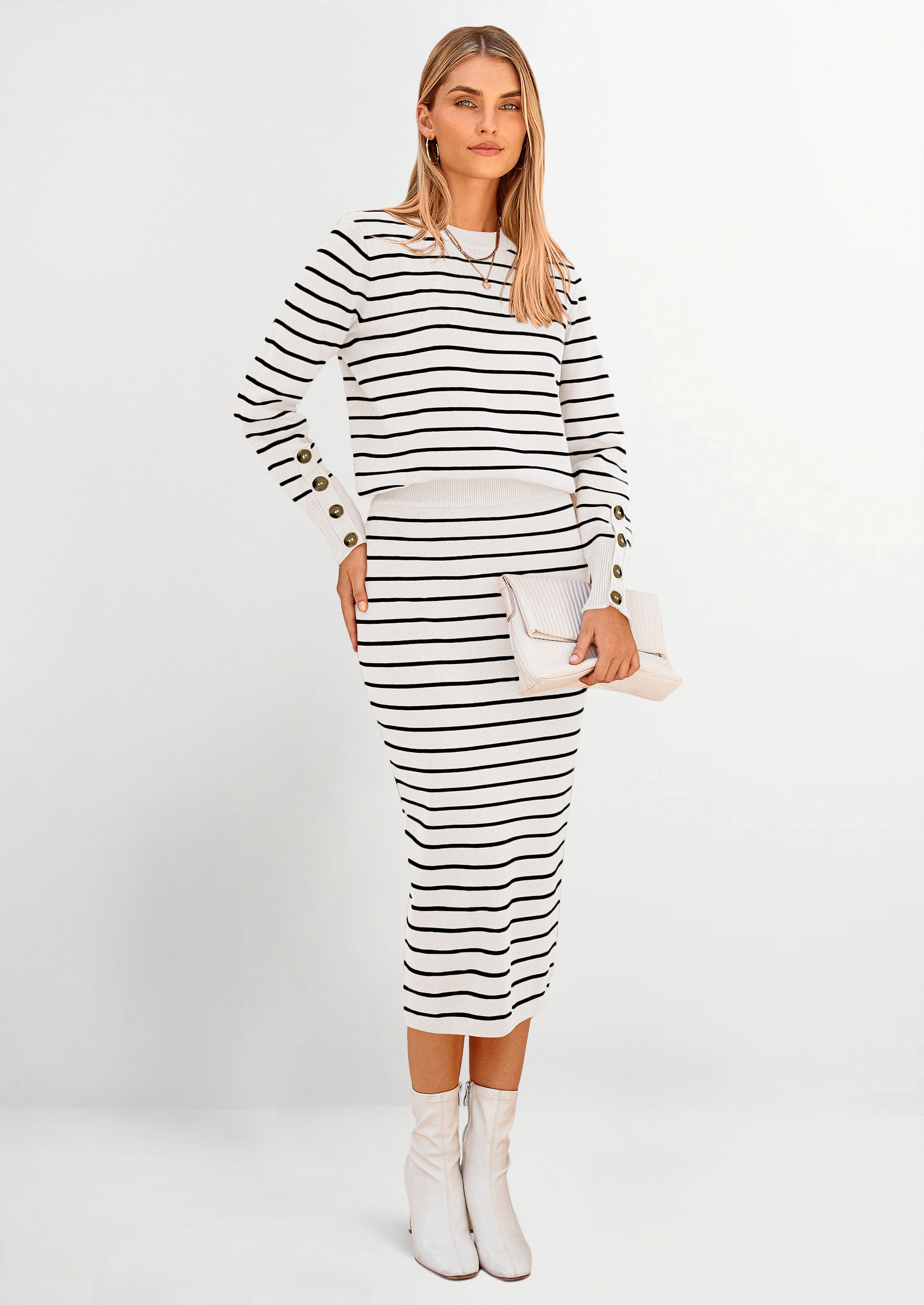 PRETTYGARDEN 2 Piece Skirts Sets For Women Fall Fashion Striped Sweater Dress Knit Lounge Travel Outfits Winter Clothing