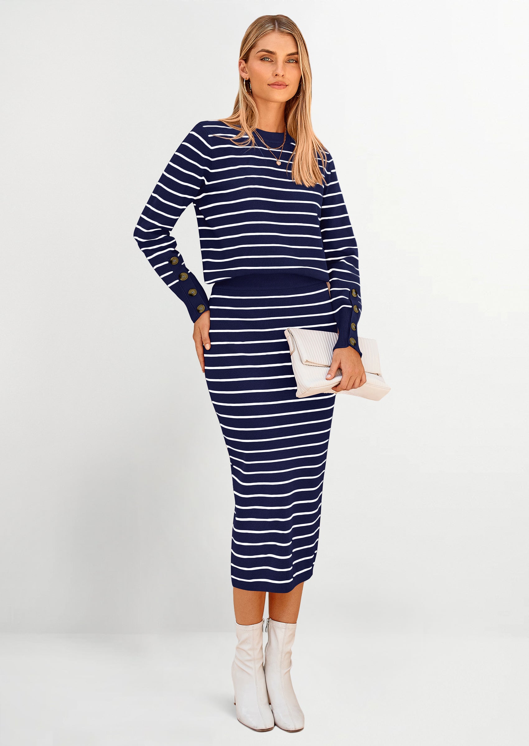 PRETTYGARDEN 2 Piece Skirts Sets For Women Fall Fashion Striped Sweater Dress Knit Lounge Travel Outfits Winter Clothing