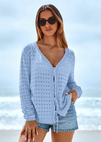 PRETTYGARDEN Crochet Cardigan Sweaters for Women Trendy Spring Summer Long Sleeve Tie Front Tops Boho Beach Vacation Clothes PRETTYGARDEN