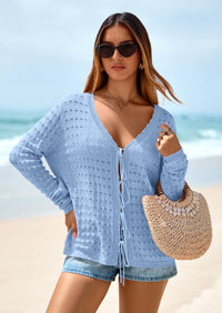PRETTYGARDEN Crochet Cardigan Sweaters for Women Trendy Spring Summer Long Sleeve Tie Front Tops Boho Beach Vacation Clothes PRETTYGARDEN