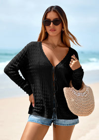 PRETTYGARDEN Crochet Cardigan Sweaters for Women Trendy Spring Summer Long Sleeve Tie Front Tops Boho Beach Vacation Clothes PRETTYGARDEN