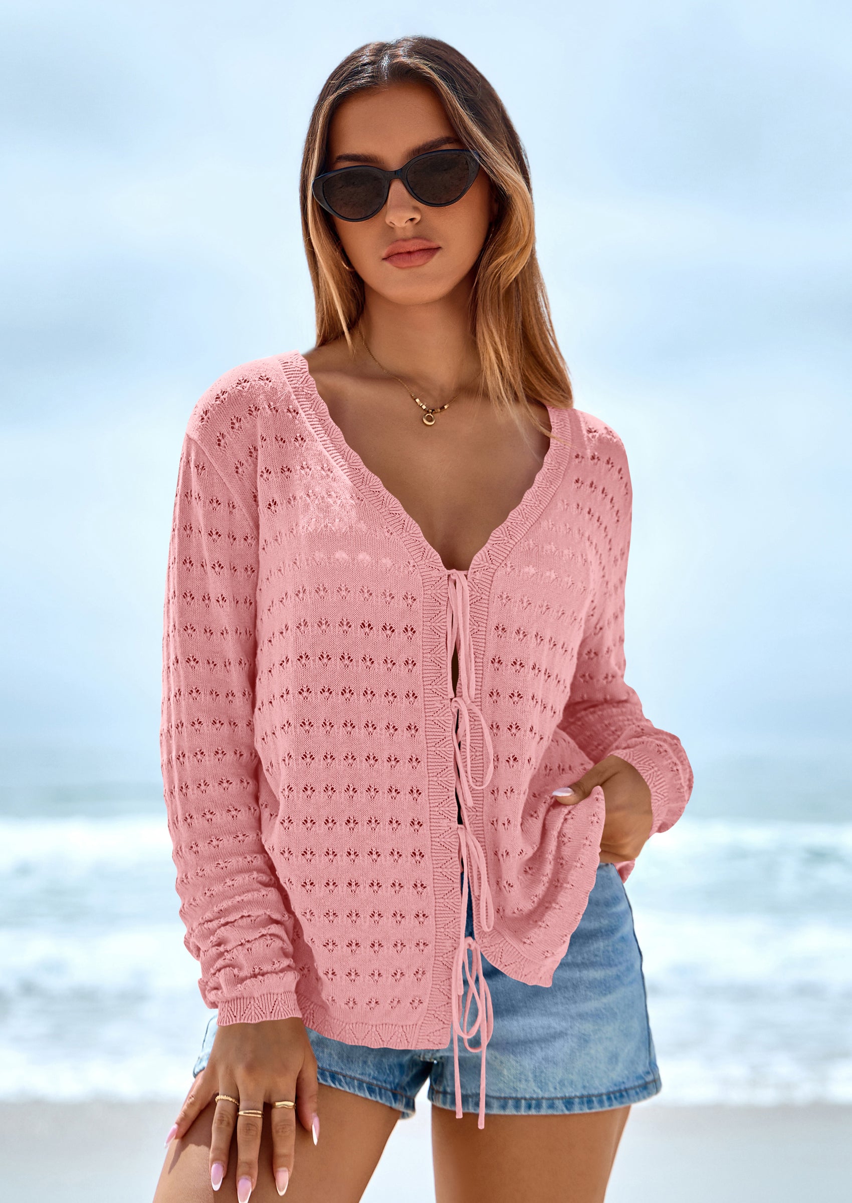 PRETTYGARDEN Crochet Cardigan Sweaters for Women Trendy Spring Summer Long Sleeve Tie Front Tops Boho Beach Vacation Clothes PRETTYGARDEN