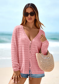 PRETTYGARDEN Crochet Cardigan Sweaters for Women Trendy Spring Summer Long Sleeve Tie Front Tops Boho Beach Vacation Clothes PRETTYGARDEN