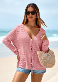 PRETTYGARDEN Crochet Cardigan Sweaters for Women Trendy Spring Summer Long Sleeve Tie Front Tops Boho Beach Vacation Clothes PRETTYGARDEN