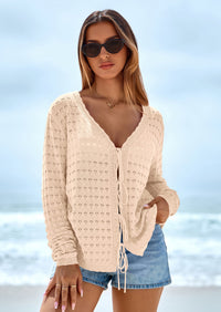 PRETTYGARDEN Crochet Cardigan Sweaters for Women Trendy Spring Summer Long Sleeve Tie Front Tops Boho Beach Vacation Clothes PRETTYGARDEN