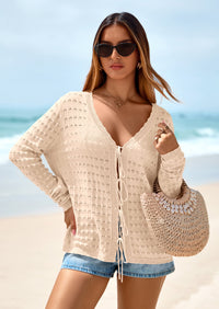 PRETTYGARDEN Crochet Cardigan Sweaters for Women Trendy Spring Summer Long Sleeve Tie Front Tops Boho Beach Vacation Clothes PRETTYGARDEN