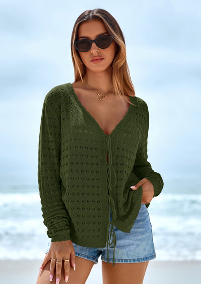 PRETTYGARDEN Crochet Cardigan Sweaters for Women Trendy Spring Summer Long Sleeve Tie Front Tops Boho Beach Vacation Clothes PRETTYGARDEN