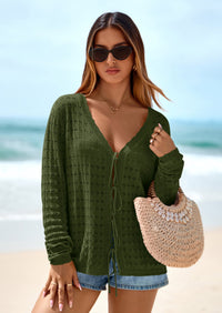 PRETTYGARDEN Crochet Cardigan Sweaters for Women Trendy Spring Summer Long Sleeve Tie Front Tops Boho Beach Vacation Clothes PRETTYGARDEN