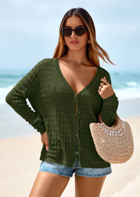 PRETTYGARDEN Crochet Cardigan Sweaters for Women Trendy Spring Summer Long Sleeve Tie Front Tops Boho Beach Vacation Clothes PRETTYGARDEN