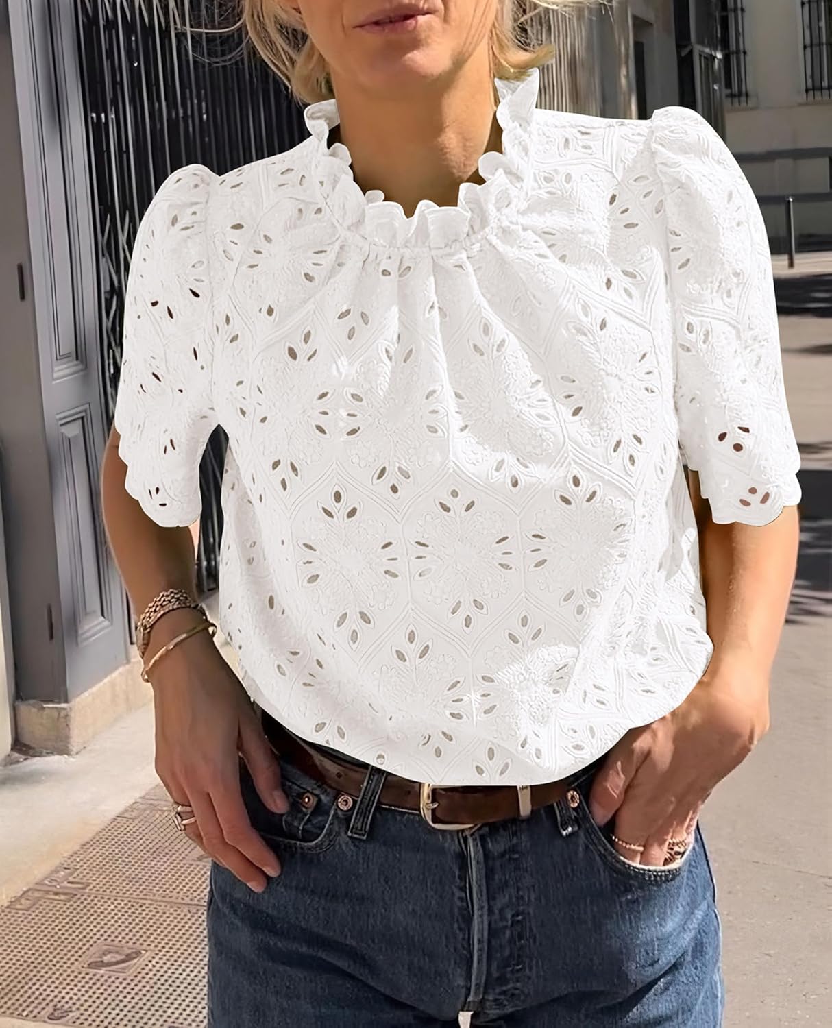 Summer Tops for Women Trendy Short Sleeve Eyelet Embroidered Dressy Casual Blouse Shirts