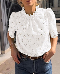 Women Trendy Short Sleeve Eyelet Embroidered Dressy Casual Blouse