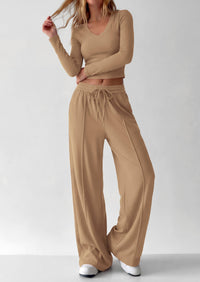 PRETTYGARDEN Women's 2 Piece Lounge Sets Matching Clothing  | V Neck Long Sleeve , Wide Leg Pants Pockets, Airport Travel Outfits, Soft Ribbed Knit, Drawstring Waist, Fall Resort Wear