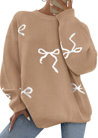PRETTYGARDEN Fall Long Sleeve Pullover Sweaters for Women Trendy Crewneck Casual Cute Bow Chunky Knit Oversized Sweater