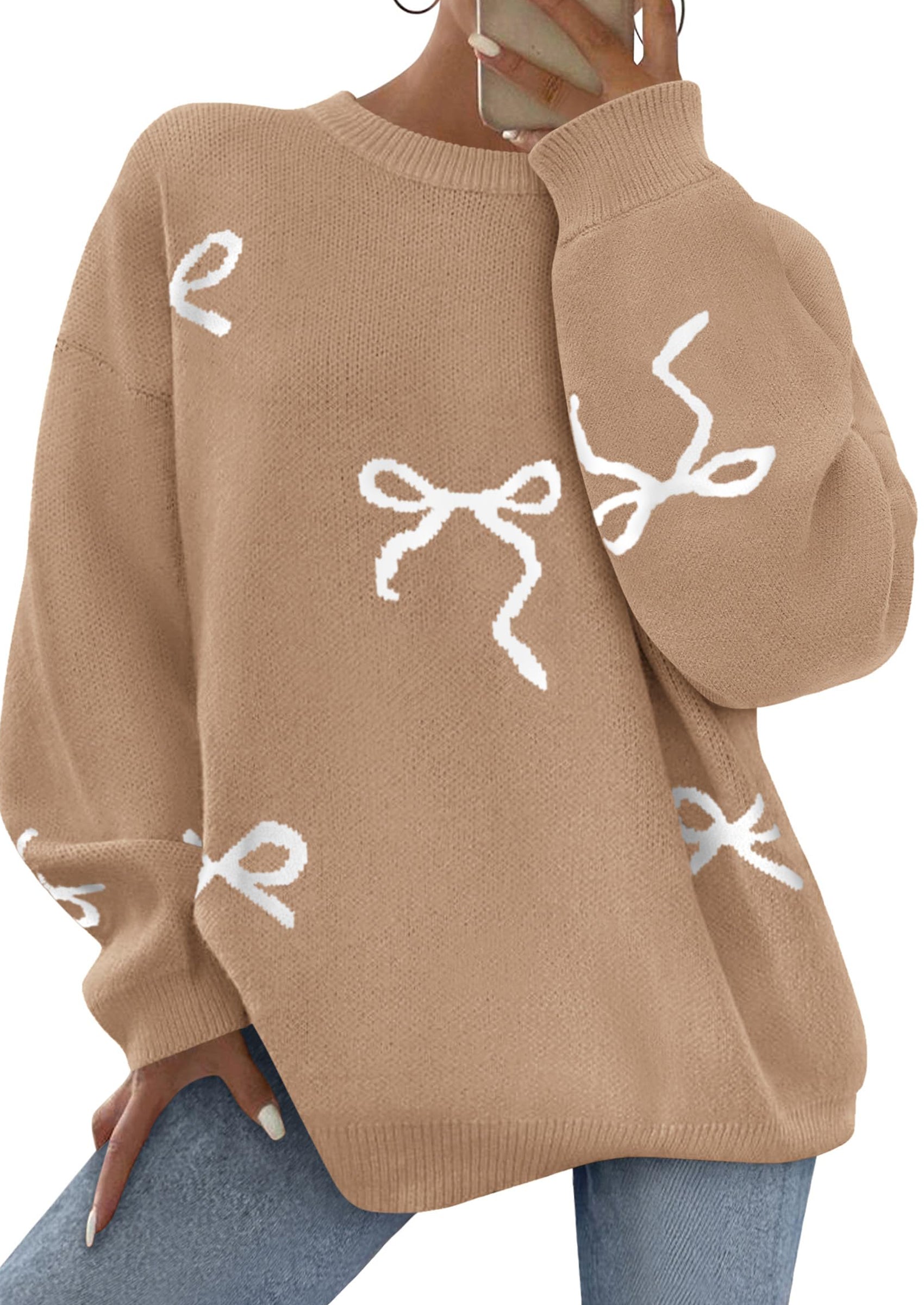 PRETTYGARDEN Fall Long Sleeve Pullover Sweaters for Women Trendy Crewneck Casual Cute Bow Chunky Knit Oversized Sweater