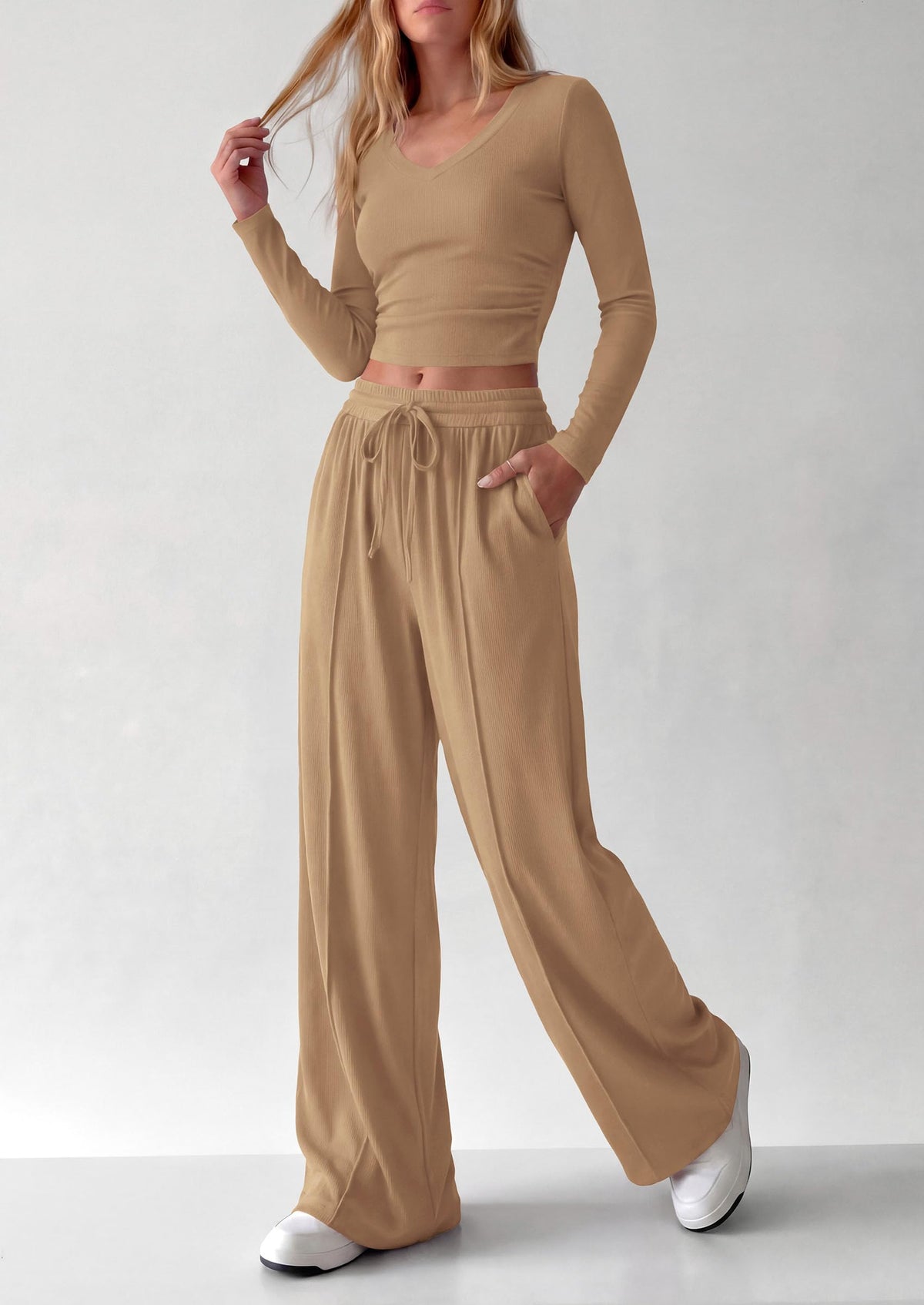 PRETTYGARDEN Women's 2 Piece Lounge Sets Matching Clothing  | V Neck Long Sleeve , Wide Leg Pants Pockets, Airport Travel Outfits, Soft Ribbed Knit, Drawstring Waist, Fall Resort Wear
