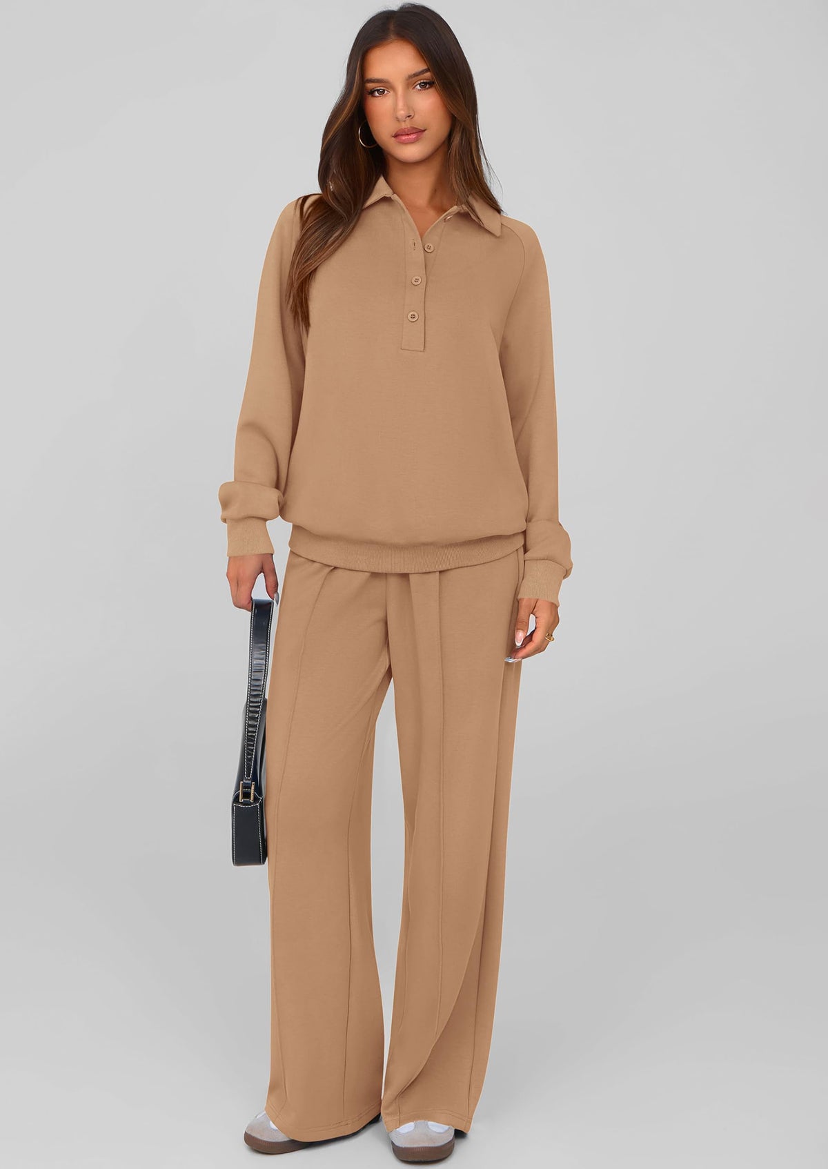 PRETTYGARDEN Women Fall 2 Piece Outfits Sweatsuits Quarter Button Long Sleeve Sweatshirt Wide Leg Pants Tracksuit Lounge Sets