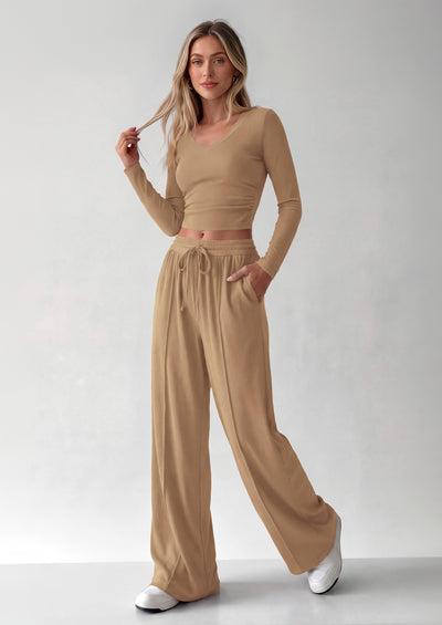 PRETTYGARDEN Women's 2 Piece Lounge Sets Matching Clothing  | V Neck Long Sleeve , Wide Leg Pants Pockets, Airport Travel Outfits, Soft Ribbed Knit, Drawstring Waist, Fall Resort Wear